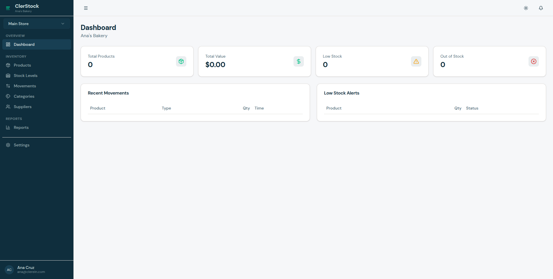 ClerStock dashboard showing inventory totals and recent activity