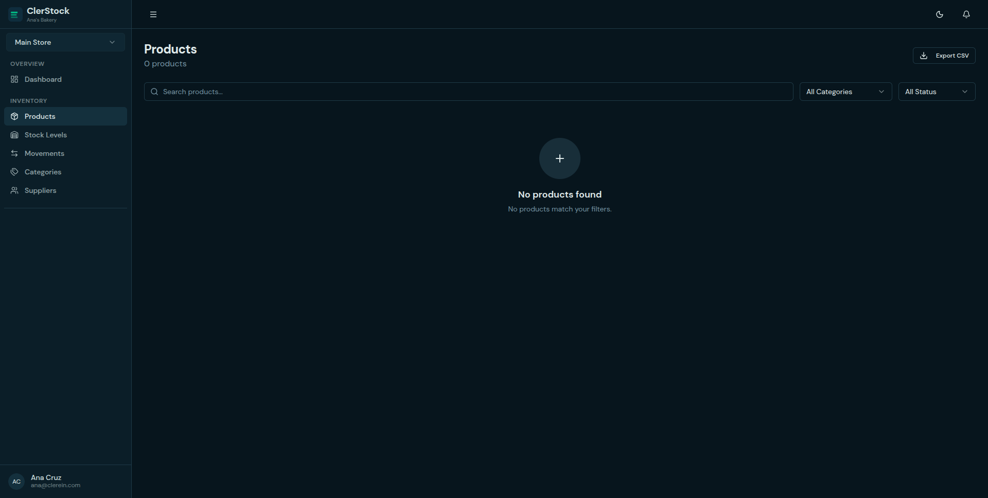ClerStock product management interface in dark theme